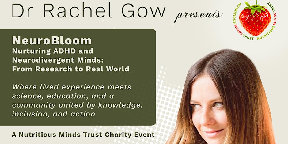 Promotional graphic for a charity event featuring Dr. Rachel Gow and NeuroBloom, with a woman's face on the right.