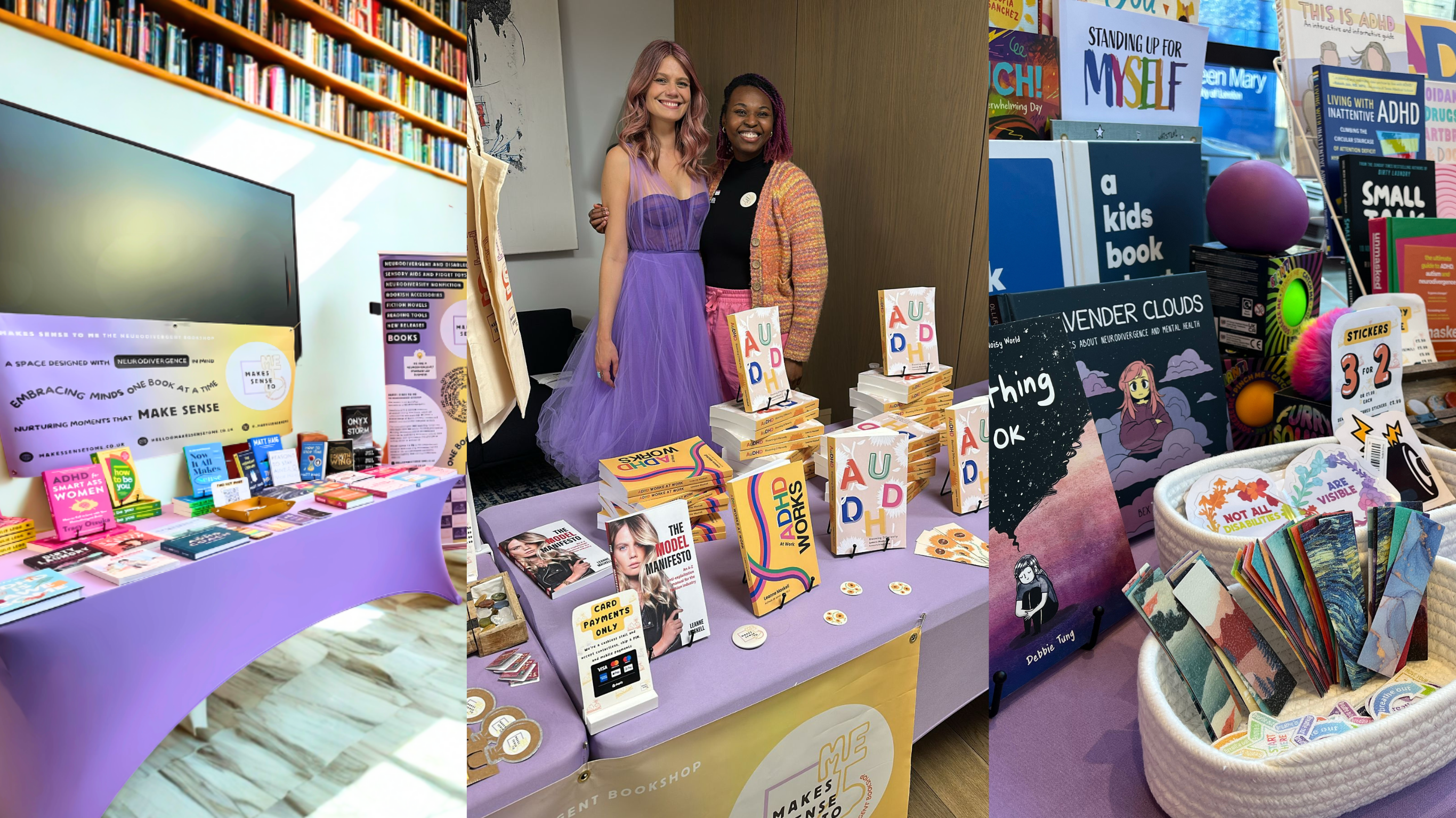 Leanne Maskell in a purple dress, standing behind the MAKES SENSE TO ME pop up stand displaying her book collection.