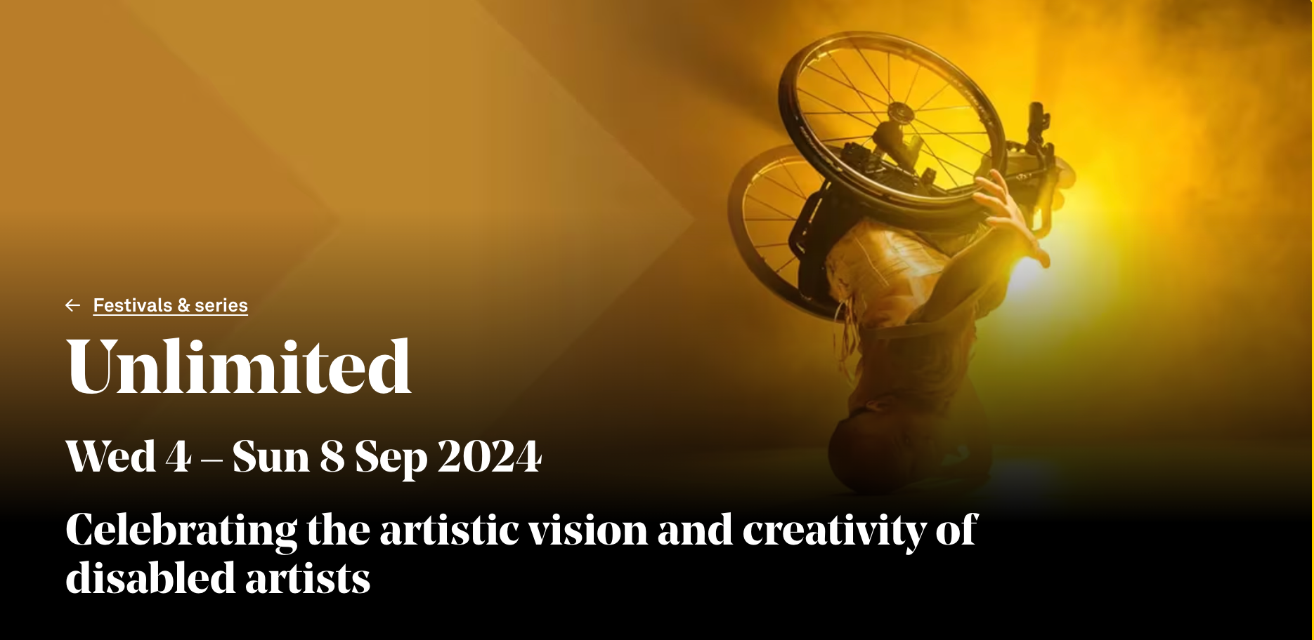 Promotional banner for 'Unlimited' festival featuring a person with a wheelchair against a warm gradient background.