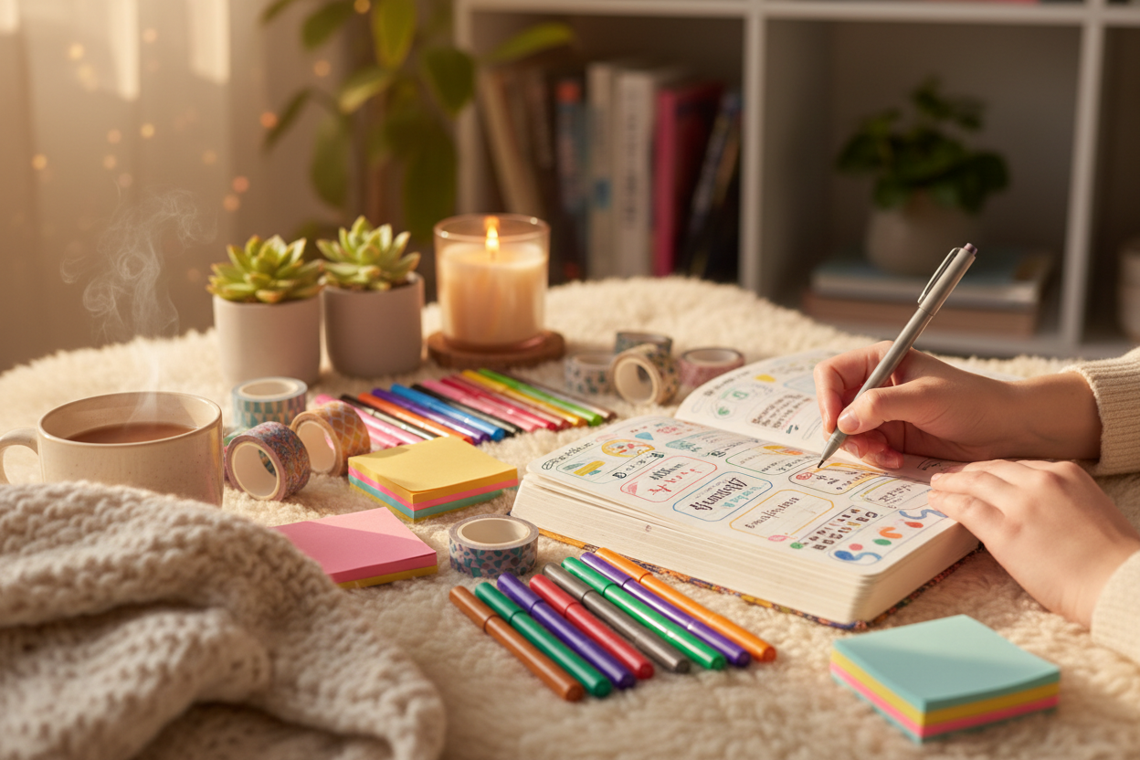 colourful cosy journalling with offshot person