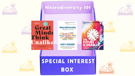 An open purple box labeled "Neurodiversity 101 - SPECIAL INTEREST BOX" by MAKES SENSE TO ME contains three books: "Great Minds Think Unalike" by Emily Kircher-Morris, "NeuroDiversity: The Birth of an Idea" by Judy Singer, and "The Future is Disabled" by Leah Lakshmi Piepzna-Samarasinha. The top of the image says “Neurodiversity 101.” This